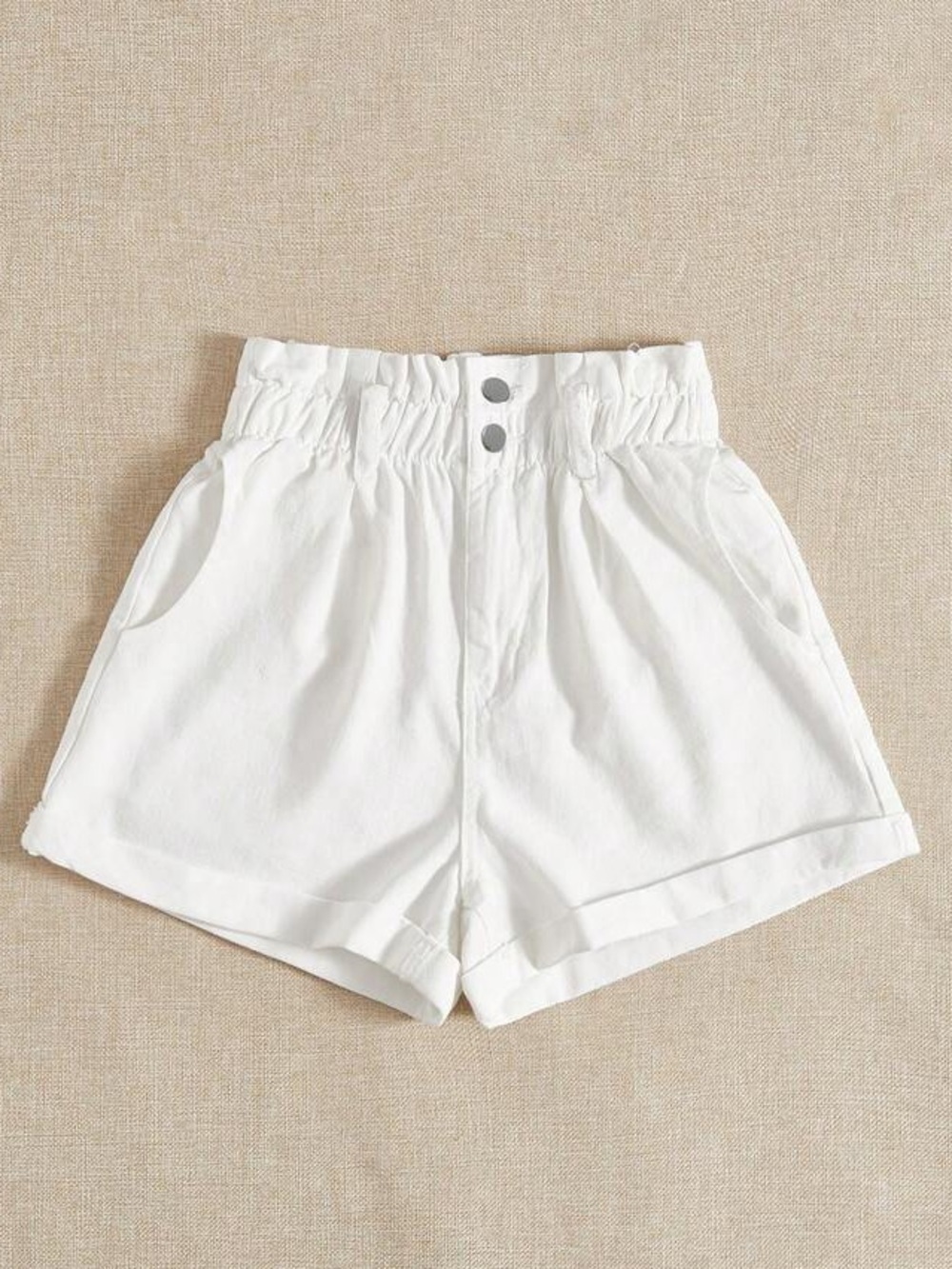 H&M White High Rise Paperbag Shorts Rolled Hem Cotton Size 6 - Picture 2 of 8